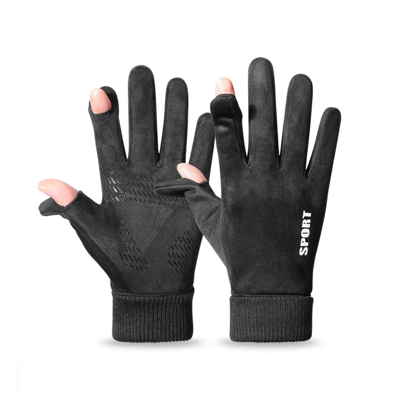 AliExpress NONE Faux Suede Gloves Winter Men Soft Cycling Anti-Slip Gloves Hiking Driving Windproof Delivery Flip-Tops Ribbed Cuff Gloves