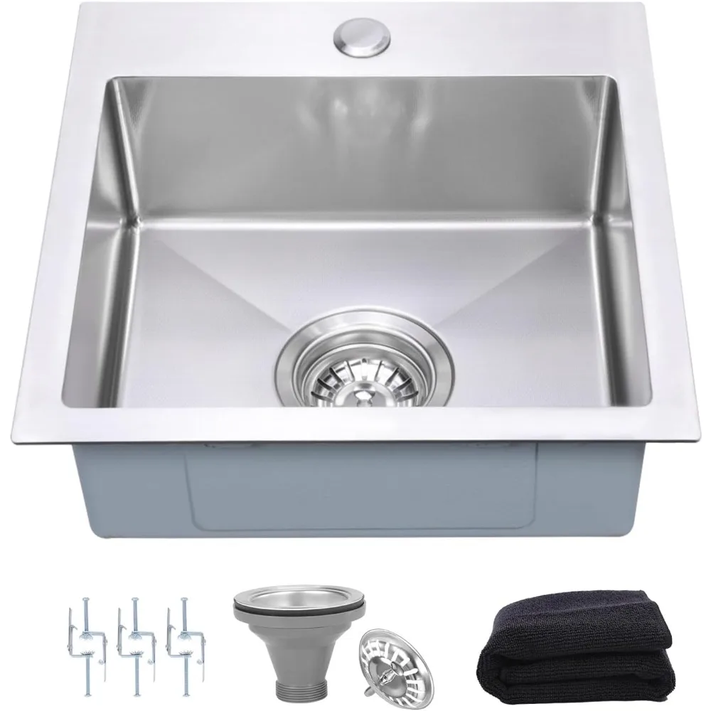 15 Inch Drop In Bar Sink 18 Gauge Small Kitchen 3D Embossed Texture Single Bowl Square Design