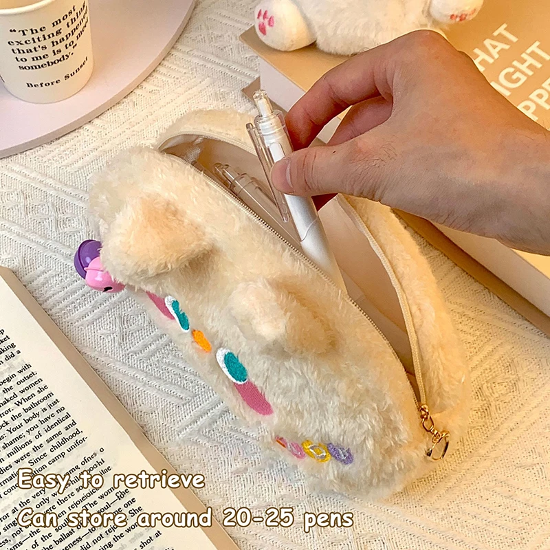 Cartoon Bear Plush Pencil Case Large Capacity Rabbit Animals Pen Bag Stationery Organizer Makeup Bag Desktop Storage