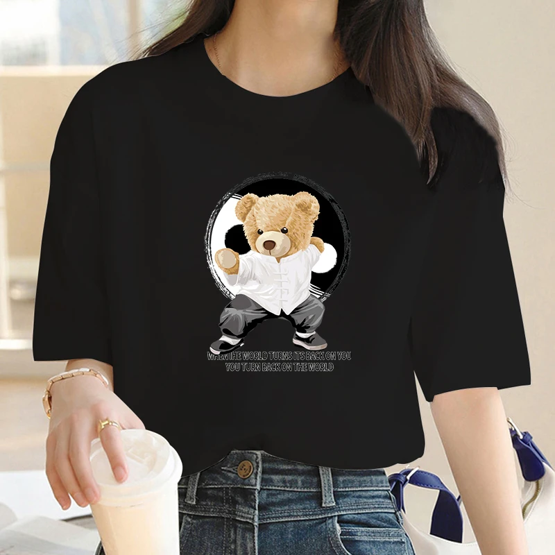 2024 Kungfu Bear Print Y2k T-shirt For Women's Summer Oversized Ladies Short Sleeved Tees Clothing Loose Pure Cotton Soft Tops