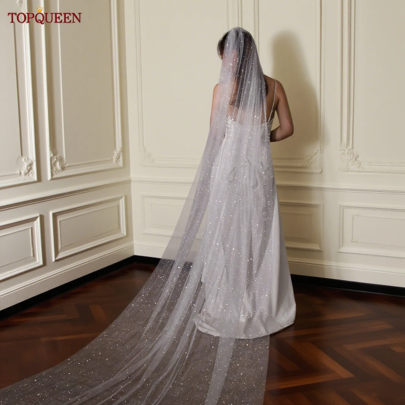 

TOPQUEEN V101 Сверкающая свадебная фата Роскошная Золотая свадебная фата Соборный тюль цвета шампанского с блестками Настраиваемый