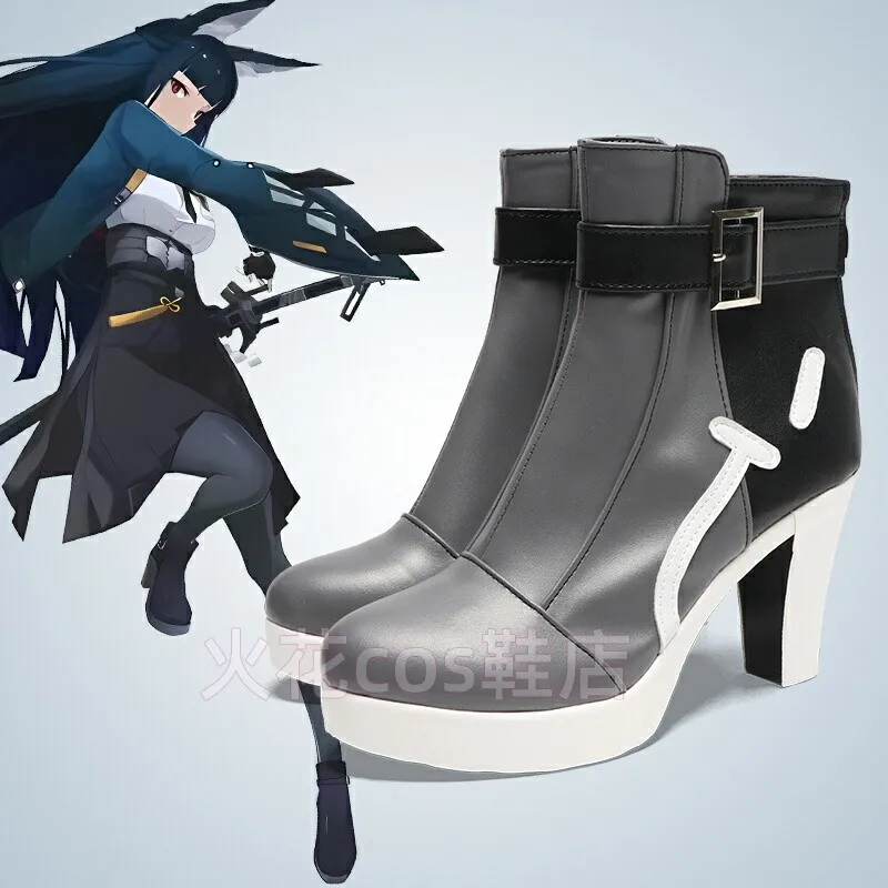 Anime Zenless Zone Zero Hoshimi Miyabi Cosplay Shoes Grey High Heels Short PU Leather Boots For Halloween Carnival