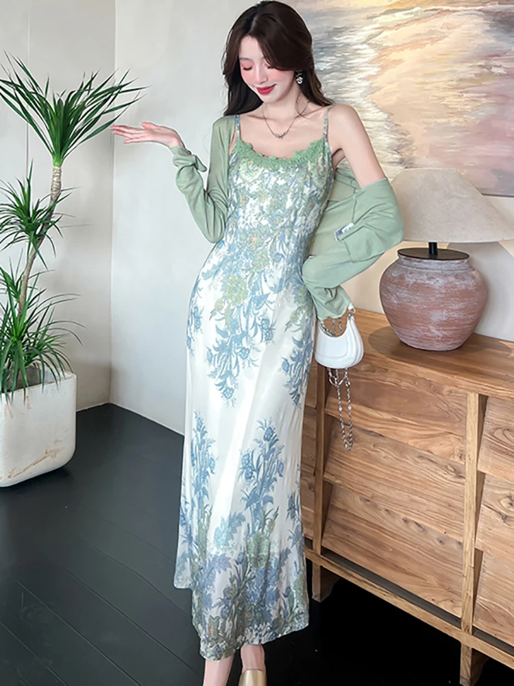 女性グリーンジャカード花スリングセクシーなドレス + トップシャツ 2 点セット 2025 夏の新韓国ファッションエレガントなボディコンドレスセット