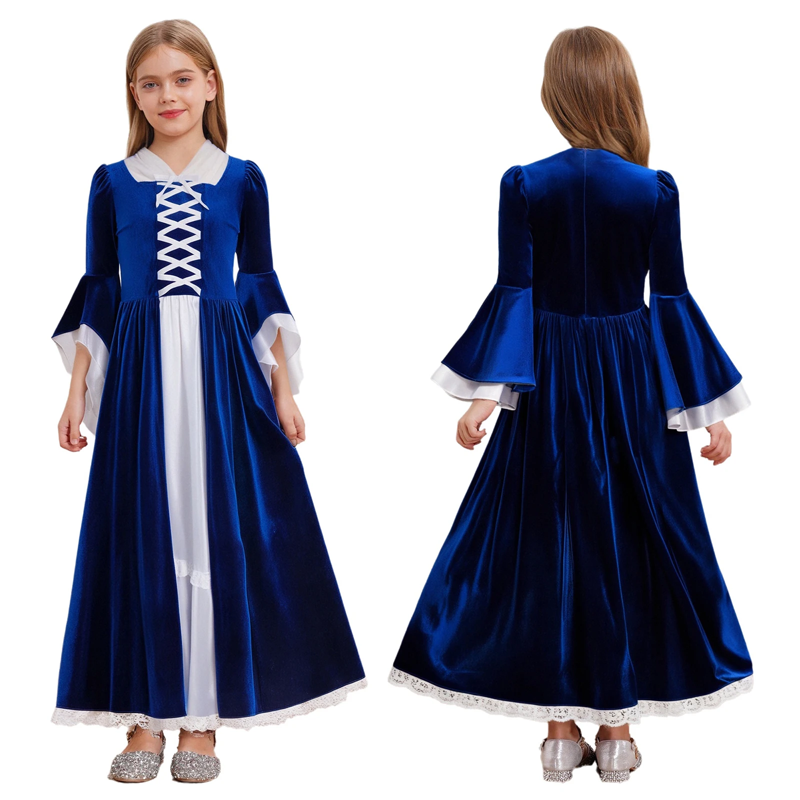 

Girls Medieval Princess Dress Kid Color Contrast Long Bell Sleeve Ruffled Lace Trim Maxi Dress for Halloween Cosplay Performance