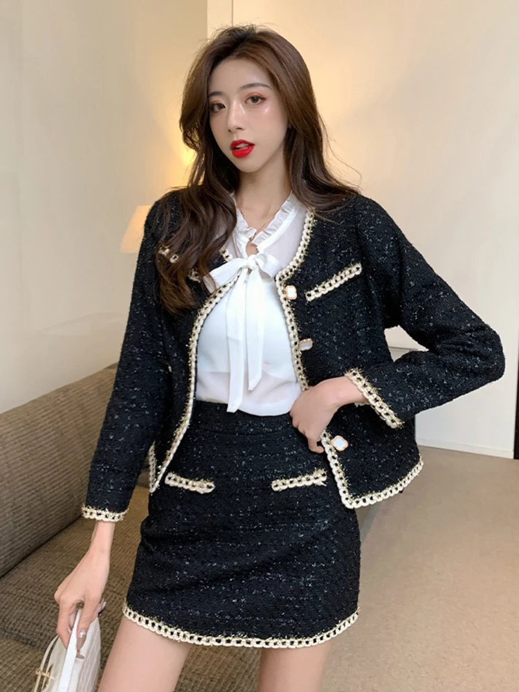 Spring Fashion Vintage Black Tweed 2 Pieces Outfit Women Professional Short Coat Tops Jacket Work Outwear Mini Skirt Sets Mujer