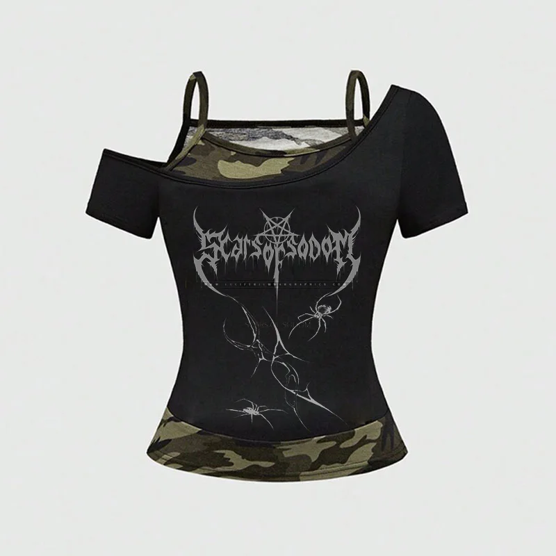 

Women's slim fit printed short sleeved T-shirt, lace up spider pattern print, vintage, fake two-piece sling set, Off， Camouflag