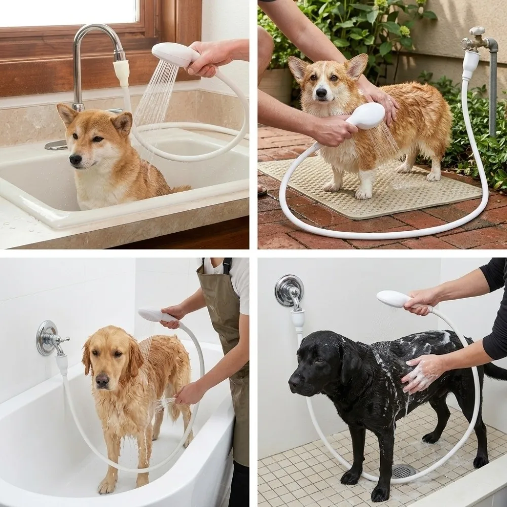 Solid Resin Build Body Pet Shower Sprayer Adjustable Water Flow Extended Hose Length Pet Bath Sprinkler Multi-Spray Mode