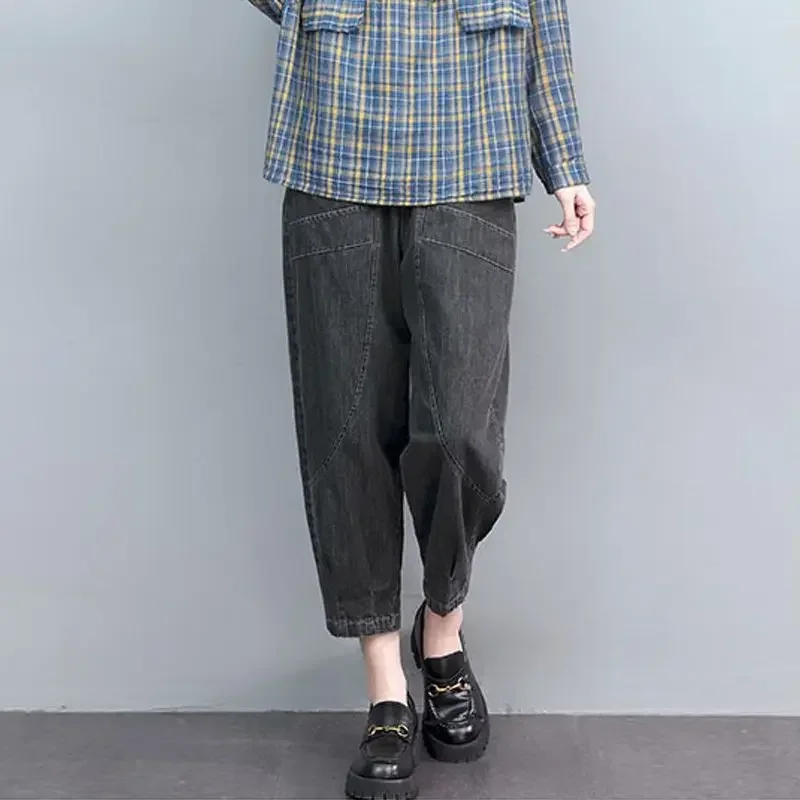 

Women Elastic Waist Embroidered Pockets Cowboy Haren Pants Spring Summer Solid Color High Waisted Thin Style Ankle Length Pants