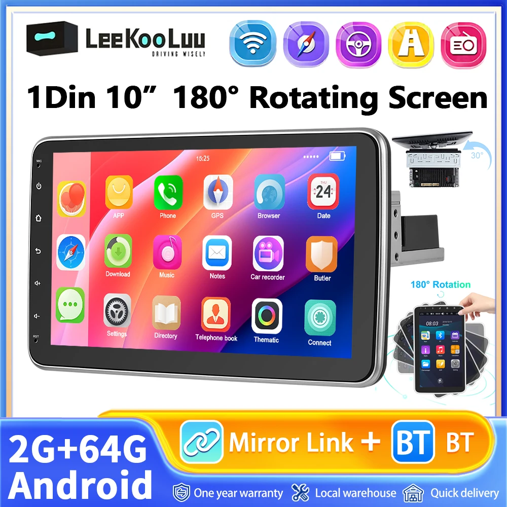 Leekooluu Android 1 Din autoradio 10.1 pouces rotation écran tactile pour universel 1 Din autoradio GPS Bluetooth WIFI 2 + 64G Autoradio