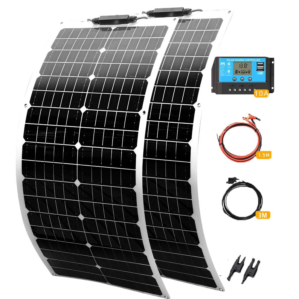 Solar Panel Complete Kit, 50W 100W 12V/24V Monocrystalline PV Battery Charger for Car Boat House Balcony RV Camper Off Grid