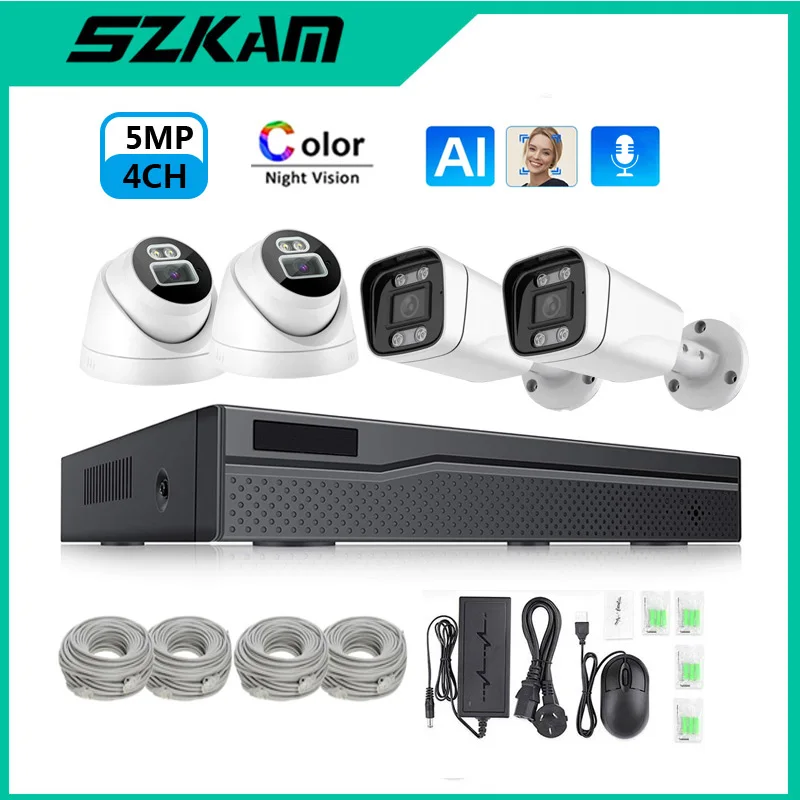 

Full Color Night Vision SZKAM 5MP POE NVR Kit AI Security Audio Record Dome CCTV Security Camera System Outdoor Indoor H.265 4CH