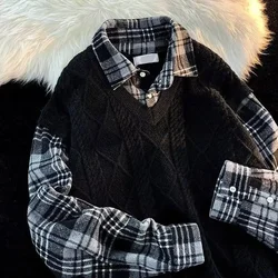 Japanese cityboy plaid splicing long-sleeved shirt for men and women in autumn and winter loose ins fashion brand fake twopiece