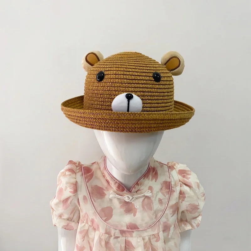 Children's Summer Thin Outdoor Sun Protection Visor Baby Fashion Simple Cartoon Fisherman Hat Handmade Straw Solid Color