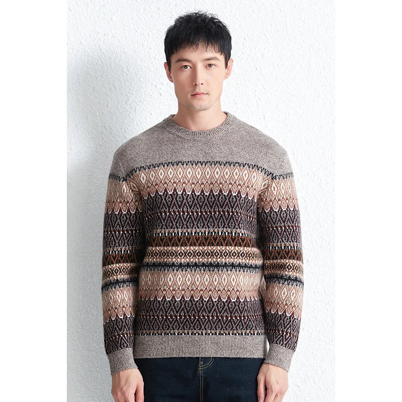 Men's 100% Sheep Wool Clothes 2023 Autumn & Winter Fashion Plaid Sweater Pure Wool Knitwear Long Sleeve Knit Sweaters