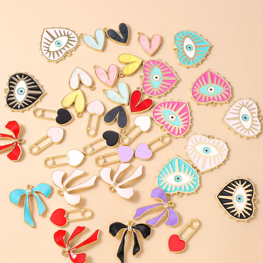 Leslie 10pcs/lot Enamel Cute Colorful Bowknot Heart Charms for Earrings Love Heart Charms Pendants DIY Jewelry Making