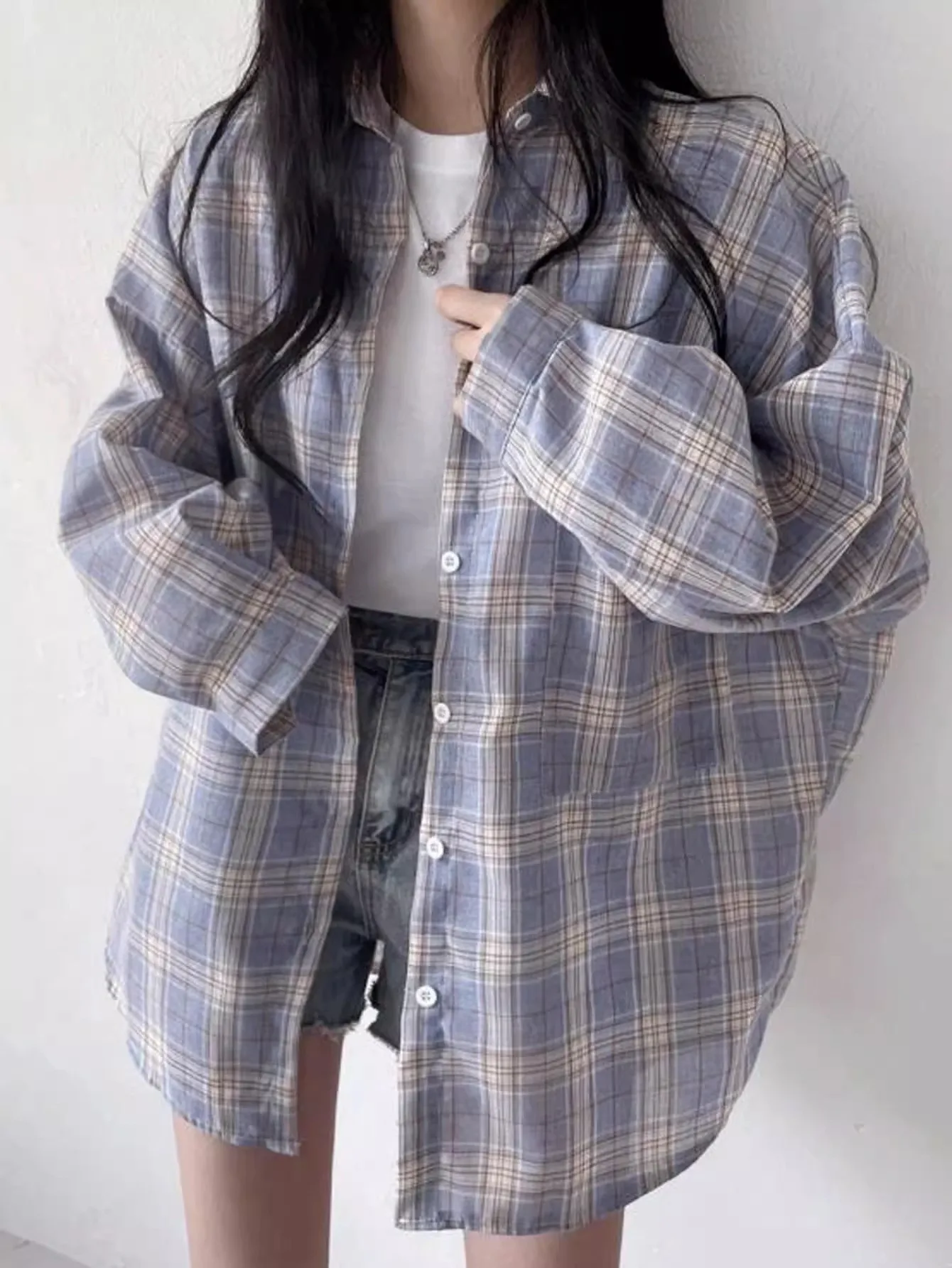 Korean Chic Summer French Stripesd Buttoned Mid-Length Sun Protection Top Loose and Versatile Cardigan Plaid Women