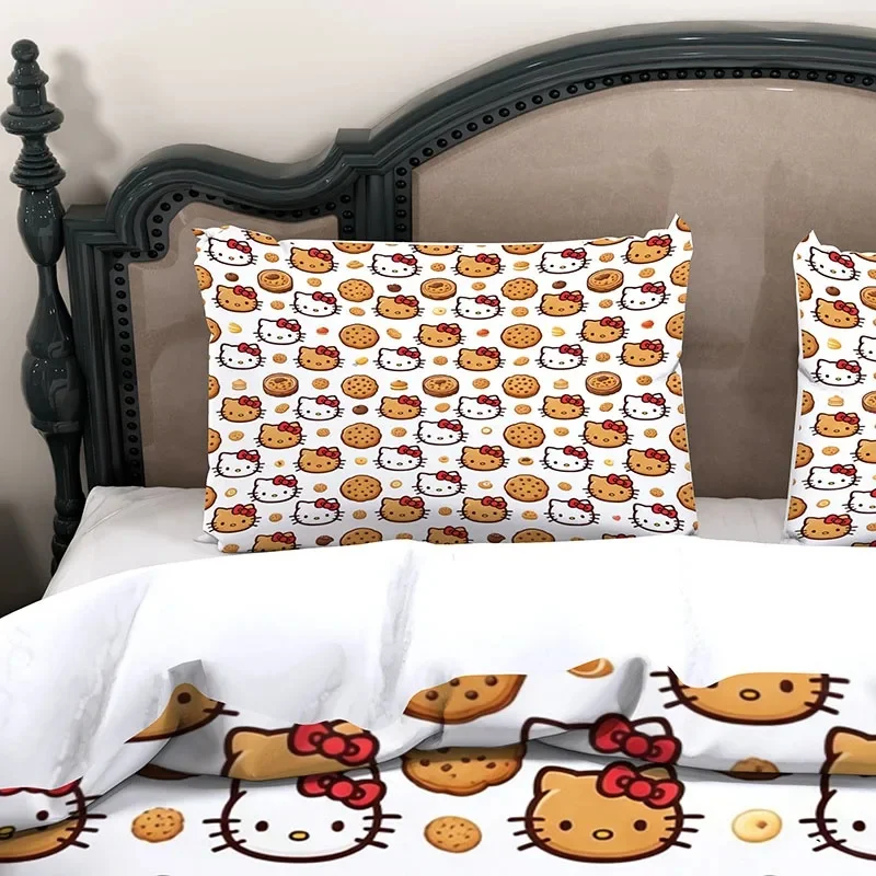 Hello Kitty 3Pcs Bed Set, 3D Print All Over Cookie Kitty Cartoon Microfiber Duvet Cover For Kids Girls Bedroom Decor