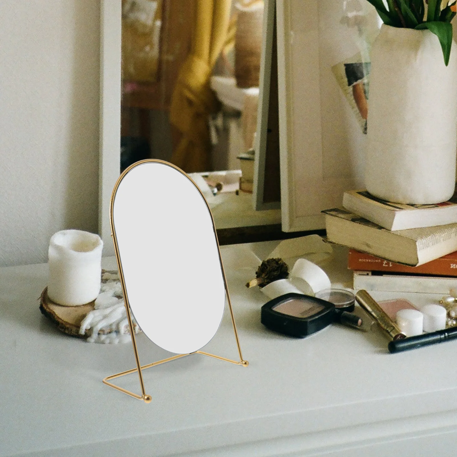 Owalne lustro 13 cali z wysokim rozdzielczością, metalowy stojak do sypialni, na stół, do salonu, na biurko, lustro do toaletki.