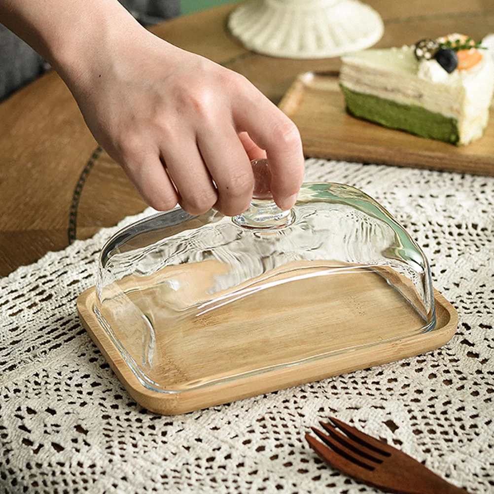 

1 set 1 Set Bamboo Stand With Glass Dome Rectangle Dessert Display Tray For Wedding Party Cake Keeper Decor Cake Stand With Lid