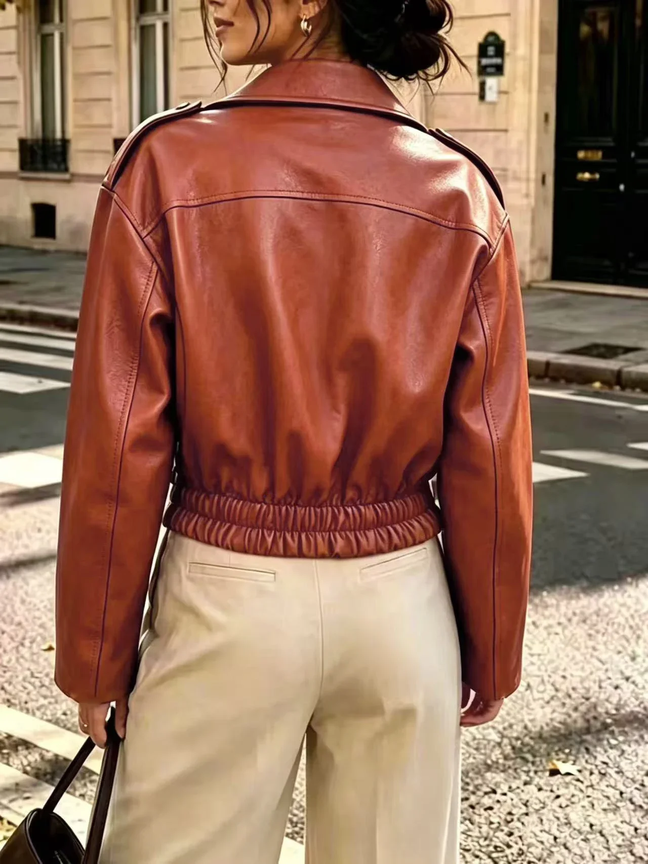 Women Cropped Faux Leather Biker Jacket Lapel Asymmetric Zipper Shoulder Stud Elastic Hem Moto Outerwear Multi‑Colors