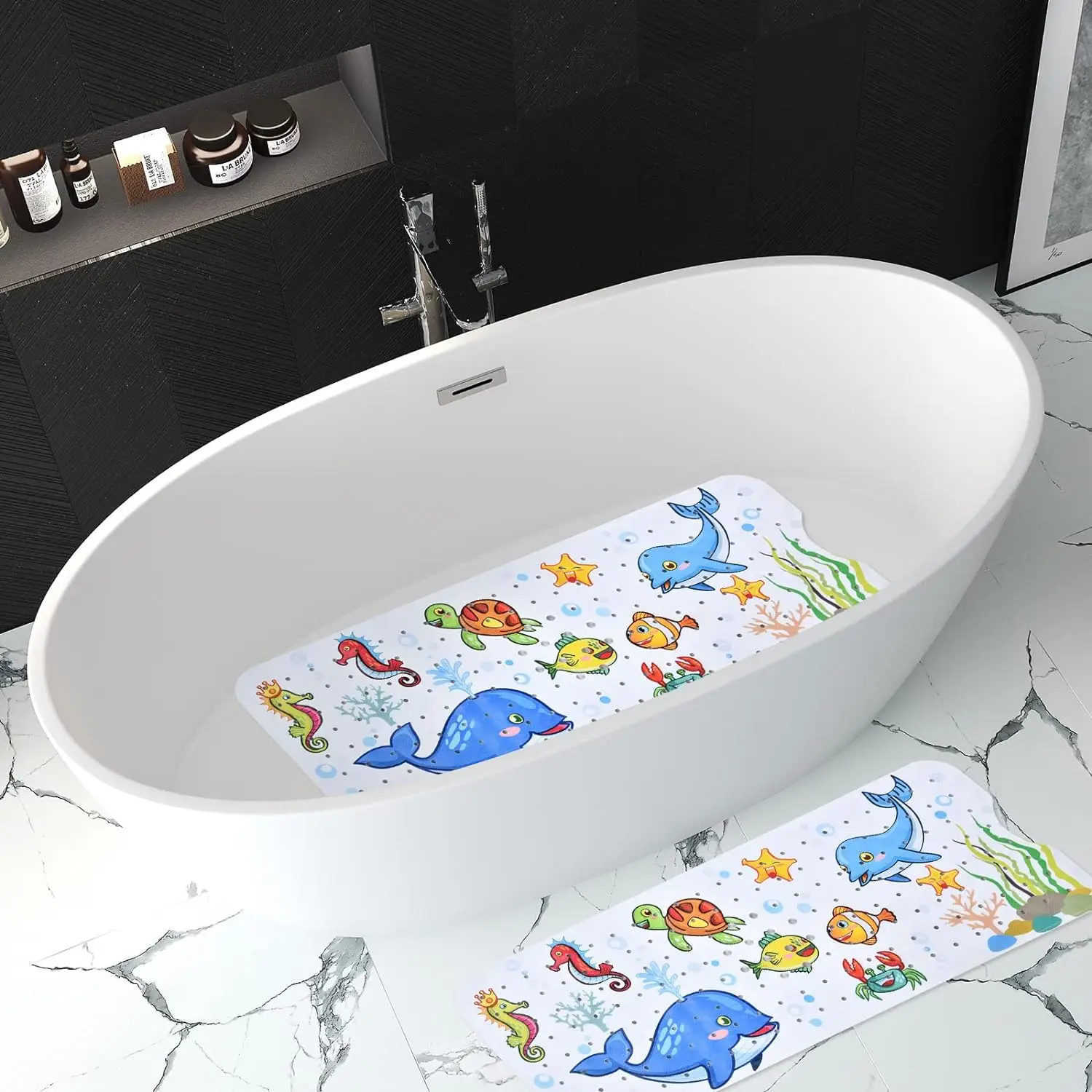 Baby Bath Mat Non Slip Bathtub Mats Kids 40X16 Inch Bathroom Toddler Anti Slip Shower Mat Cartoon Whale Suction Cups