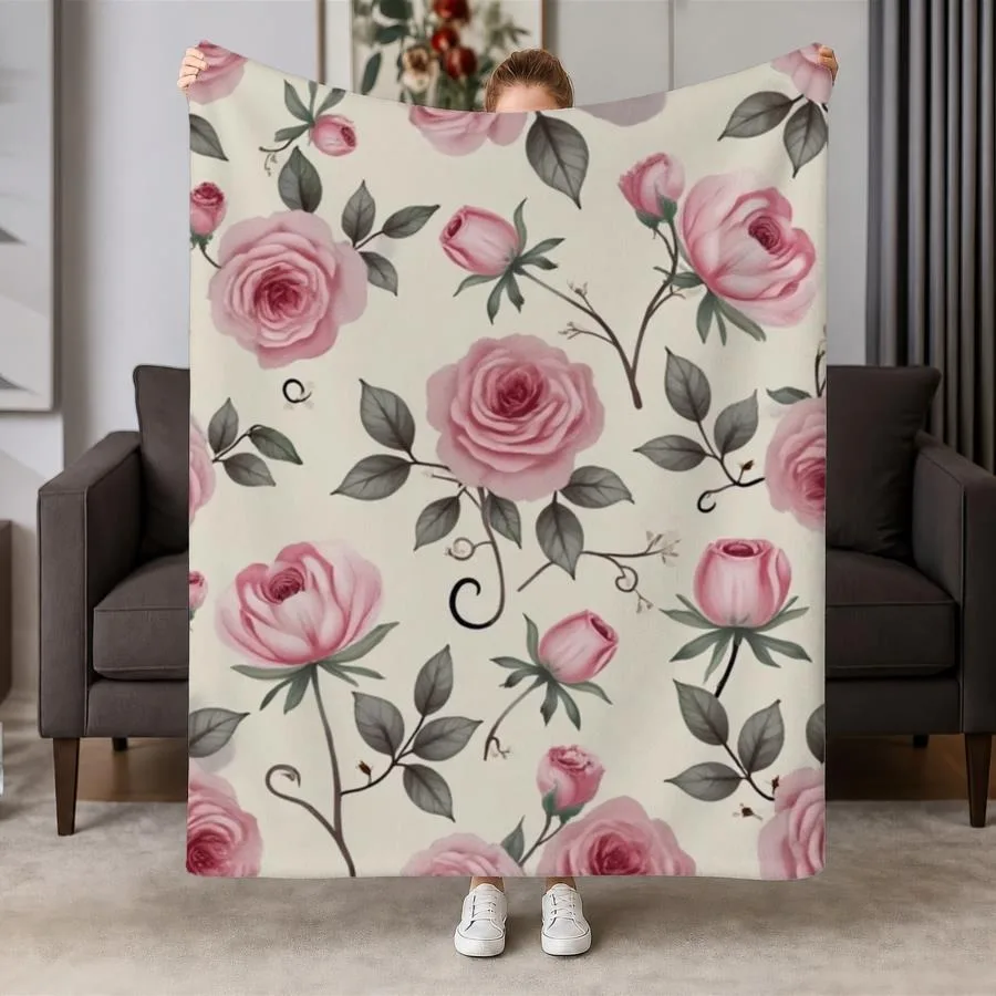 Gentle Pastel Rose Blossom Leaf Print Throw Blanket Cozy Sofa Couch Manta Soft Bed Decorative Blanket For Bedroom Living Room
