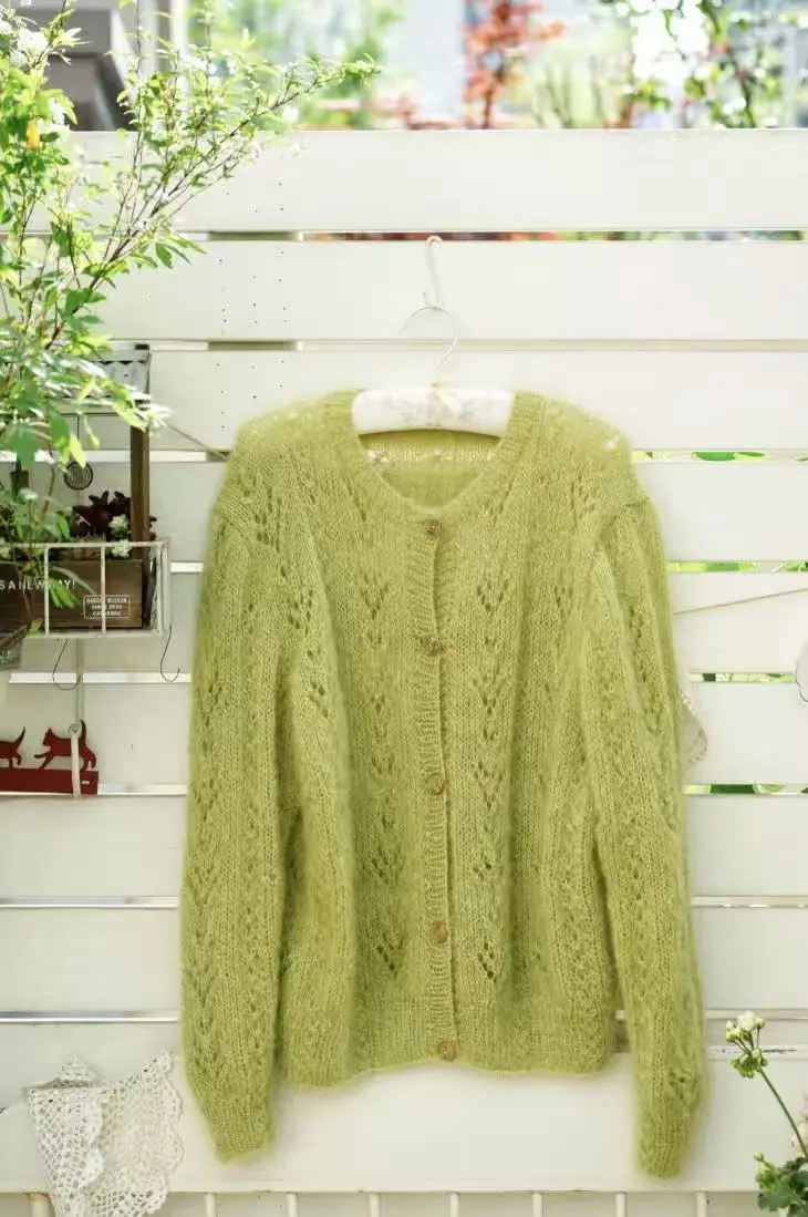Hand woven comfortable mohair women's hollowed out embroidered cardigan, diamond shaped handmade sweater with a ladylike design