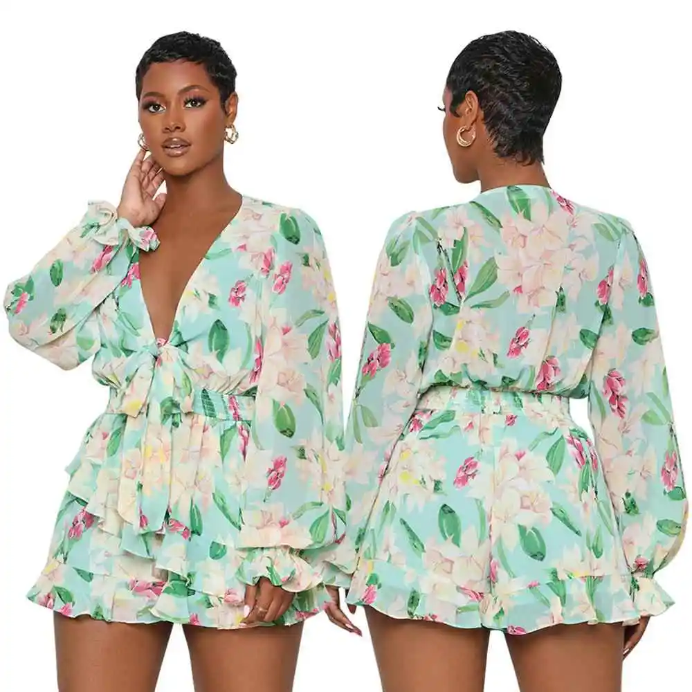 

Элегантный комбинезон с расклешенными рукавами и завышенной талией из шифона в стиле кросс-бордер: повседневные брюки для женщин