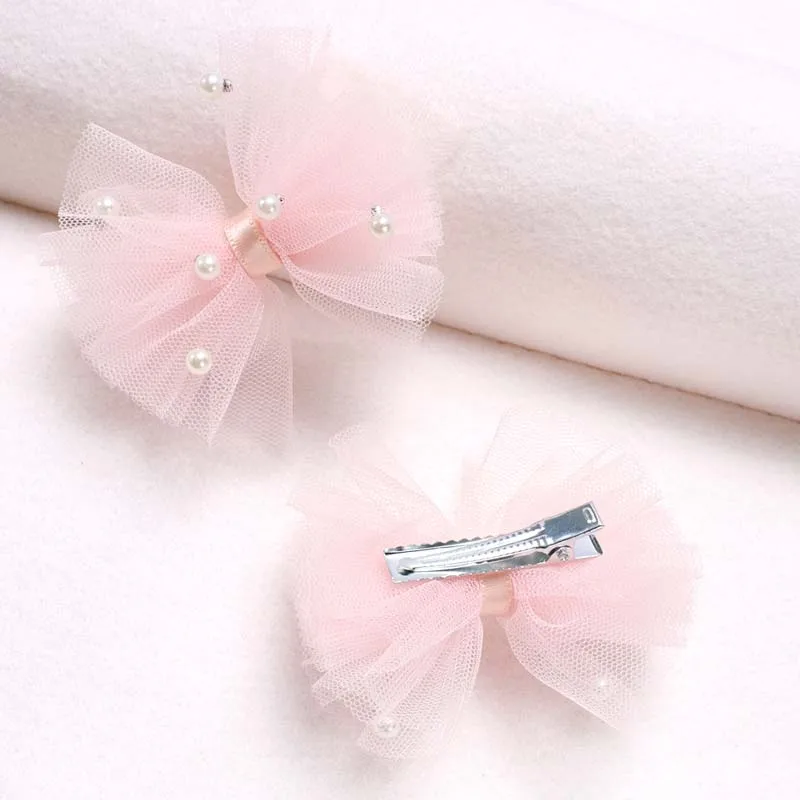 ncmama 2Pcs Chiffon Bow Hairpin Cute Lace Pearl Hair Bows Clip Sweet Girls Side Clip Barrettes Headwear Korean Hair Accessories