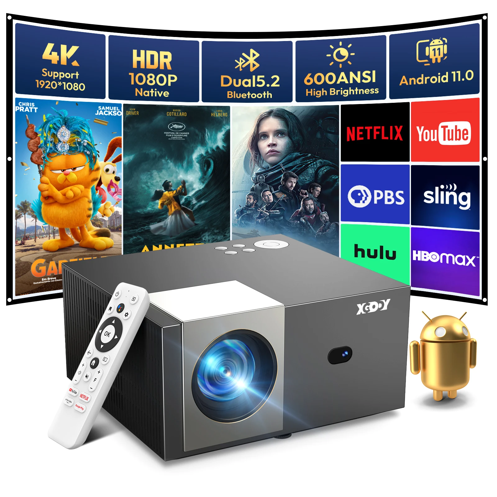 XGODY Projector Android Smart 18000 Lumen 5G WiFi Bluetooth UHD 4K Home Theater