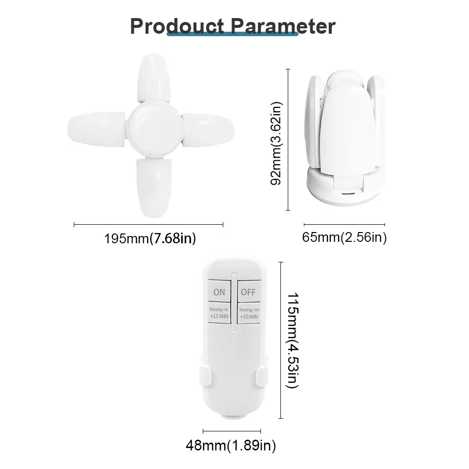 Bombilla LED plegable con control remoto para el hogar, lámpara de sincronización con aspas de ventilador, AC110-265V, 28W, E27