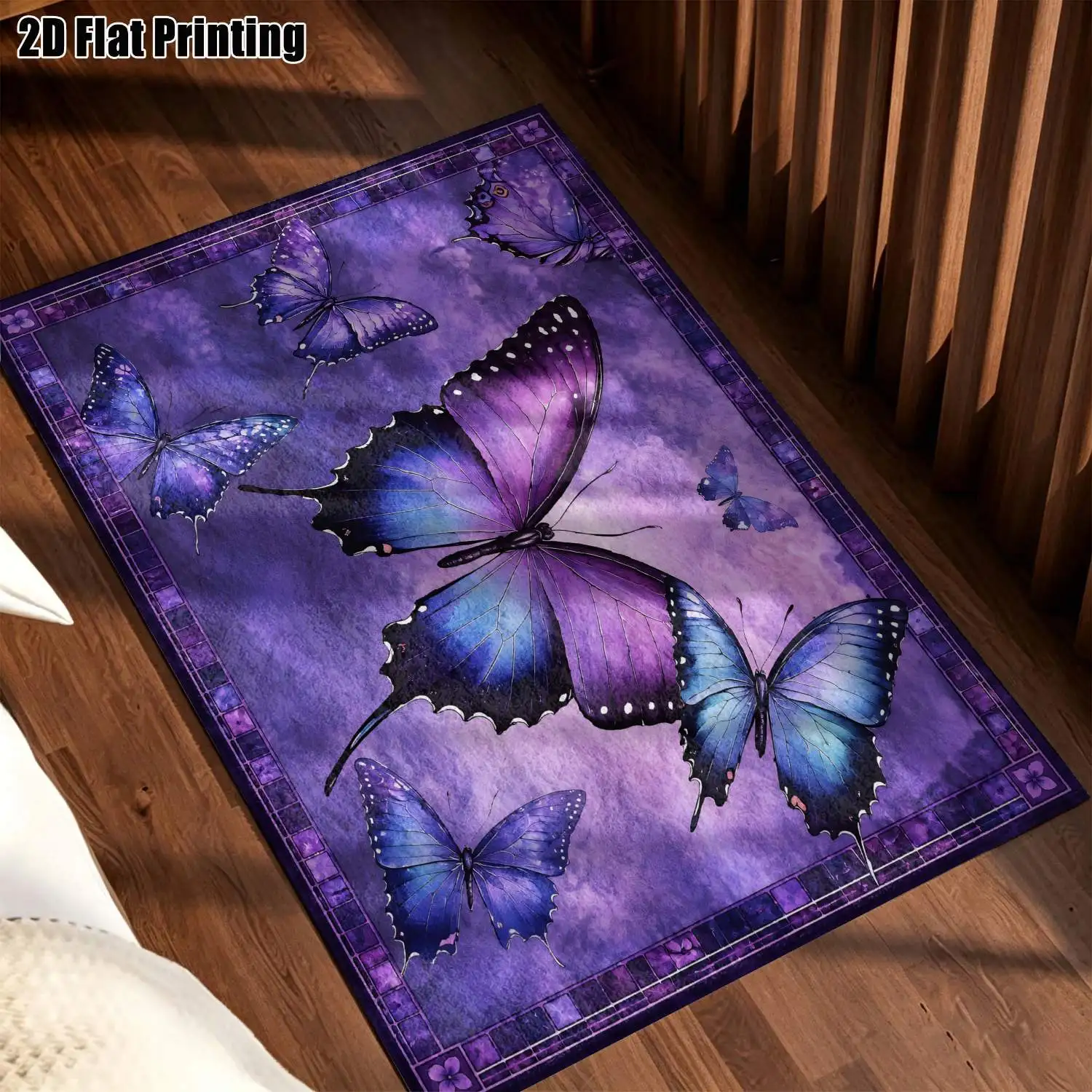 1Pc 2D Printed Purple Butterfly Pattern Carpet: European, Bohemian, Geometric Style, Machine Washable, Multi-Size Home Decor Mat for Entrance, Dining, Foyer, Bedroom, Living Room