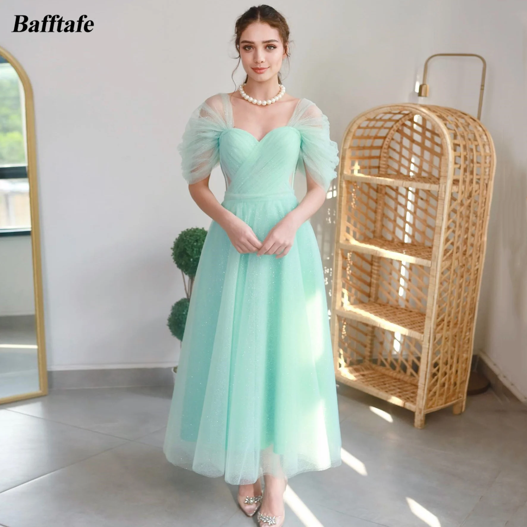 

Bafftafe Glitter Tulle Ankle Length Midi Prom Dresses Women Sweetheart Pleated Homecoming Cocktail Party Wear Evening Gowns