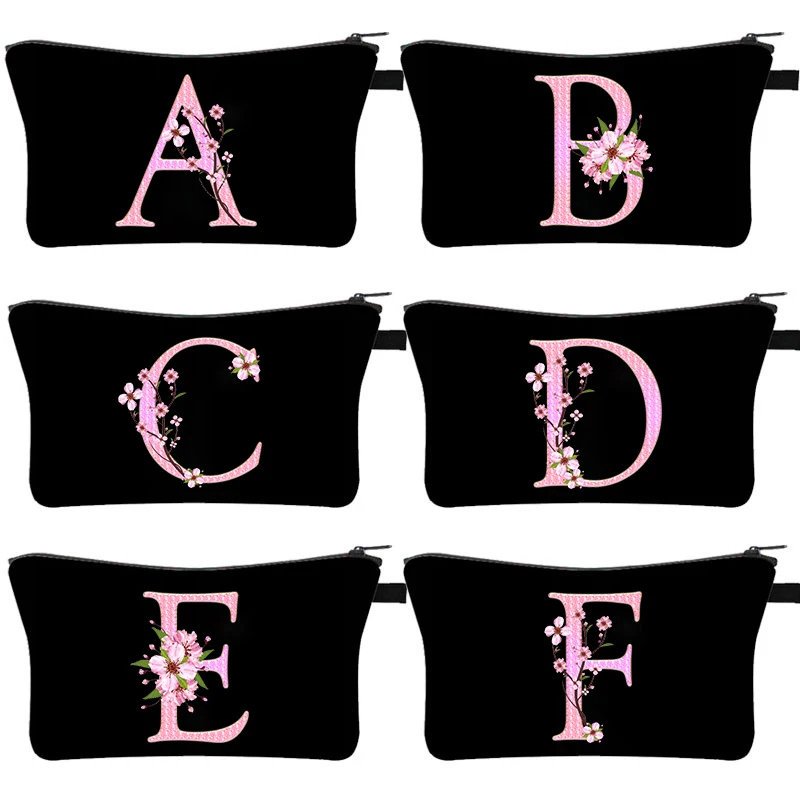 

Pink Sakura Printing 26 Floral Alphabet A-Z Makeup Bag Coin Purse Fashion Small Cosmetic Bag Travel Makeup Bags Purse