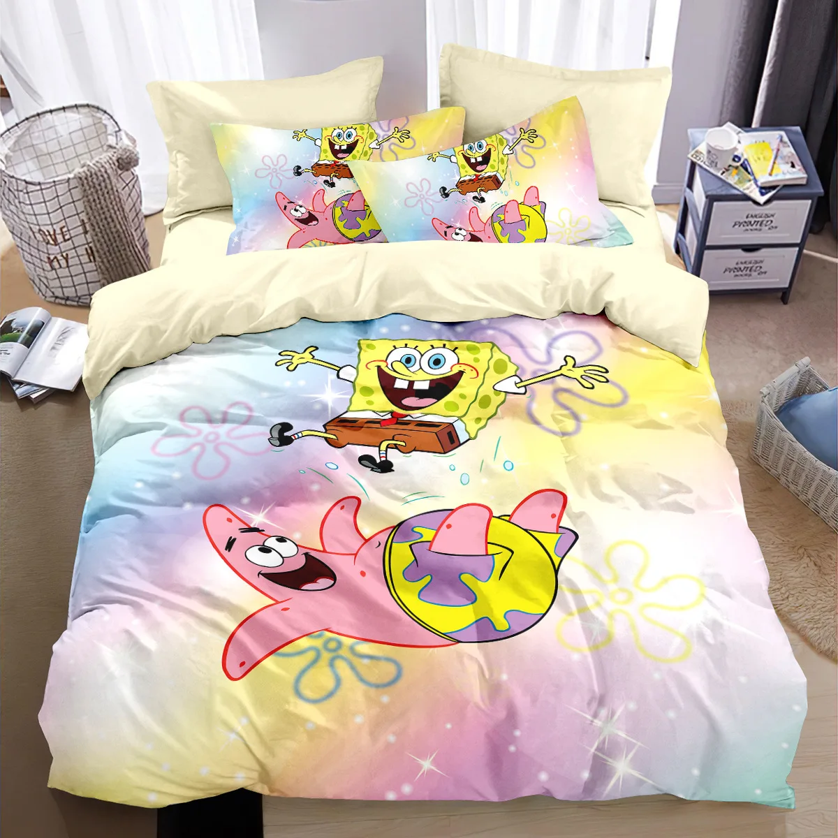 Cartoon 3d Bedding Set Patricks Squidwards Quilt Duvet Cover Pillowcase Bed Set For children and adults