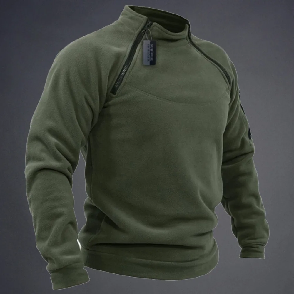 Men\'s Polar Fleece Outdoor Warm Breathable Tactical Zipper Standing Neck Long Sleeves Casual Solid Color Sweatshirt