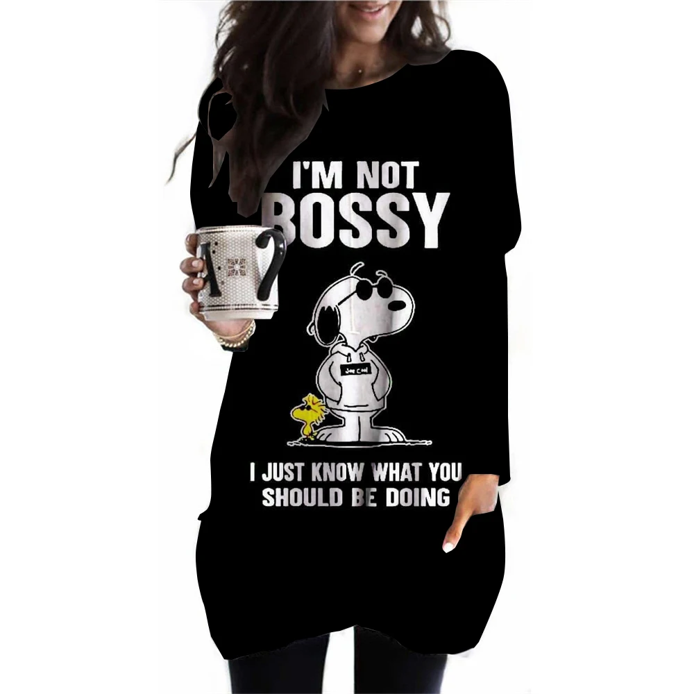 Camiseta con estampado de Snoopy para mujer, camiseta holgada informal de manga larga con cuello redondo, moda de otoño 2024