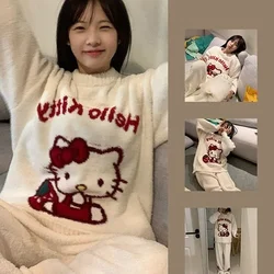 New Miniso Hello Kitty Y2k Pajamas Cute Plush Pullover Round Neck Knitted Sweater for Girls Casual Style Sweater Embroidery Set