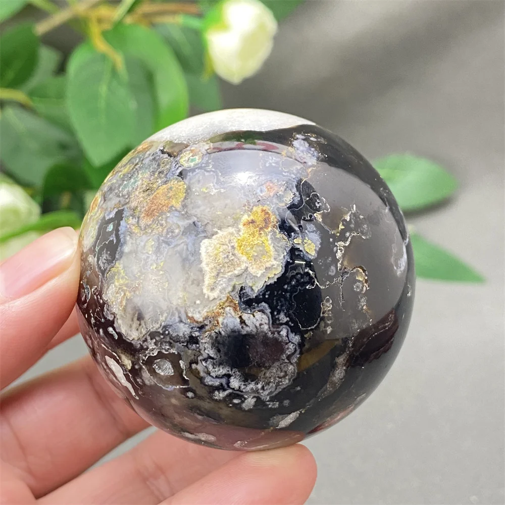 Black Cherry Blossom Agate Meditation Ball Natural Gemstone Energy Massage Home Decorative Round Ball for Relaxation And Serenit