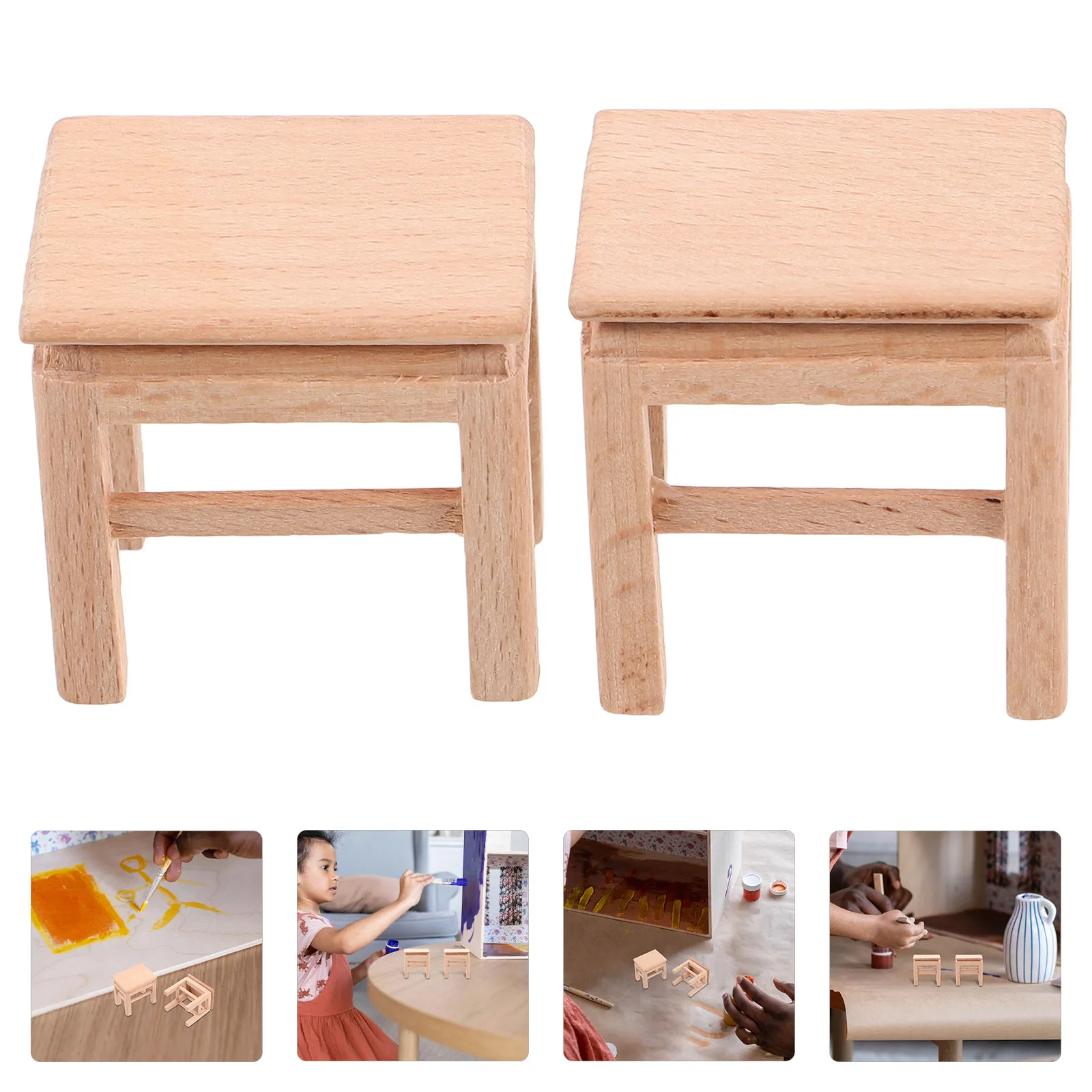 

2Pcs Miniature Wooden Stool for Dollhouse Furniture Small Wood Chair Prop Miniature House Accessories Tiny Stool Decoration