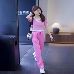 2025 Summer New Casual Suit Fashion Graffiti Print T-shirt Tops and Pants 2 Two Piece Set Women's Tracksuit Plus Size Clothing