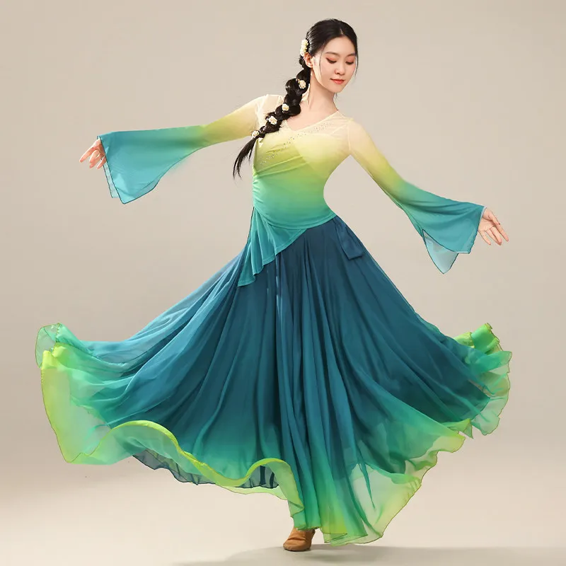 伝統的な中国のヴィンテージ衣装漢服グラデーションカラーメッシュトップススカートセットレトロフォークダンスステージパフォーマンス服