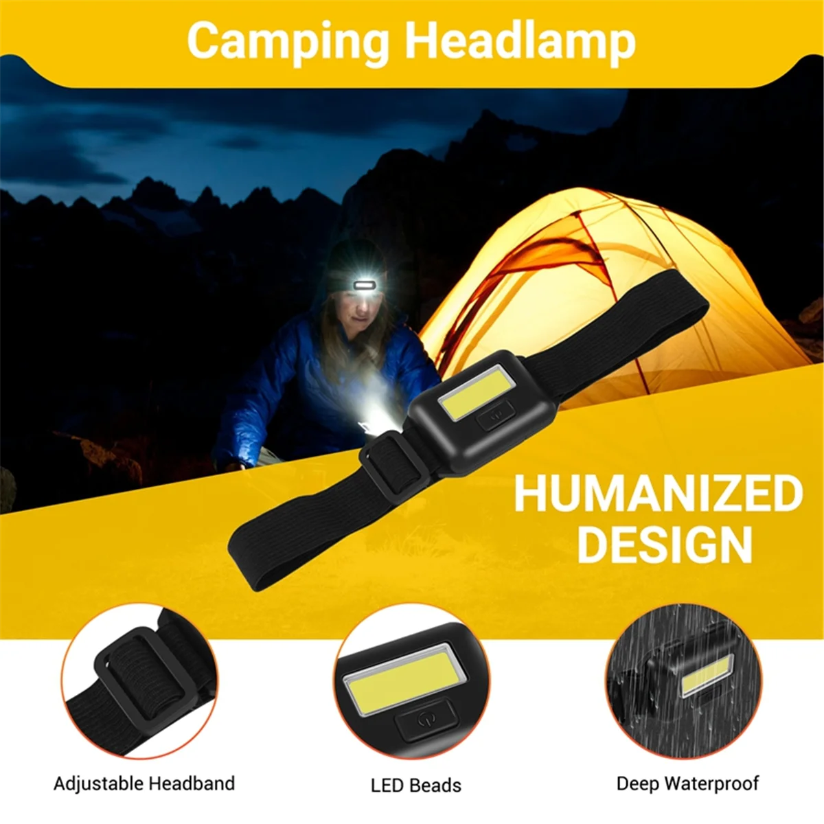 ABZV-Cob Mini faro Led para cabeza, 3 modos, linterna frontal a prueba de lluvia, linterna para cabeza para acampar al aire libre, pesca, color negro
