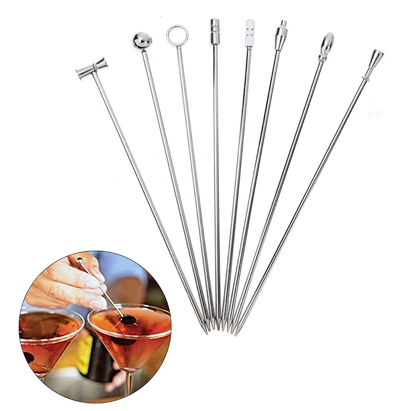 4PCS Stainless Steel Cocktail Sticks Fruit Sticks Reusable Drink Martini Picks