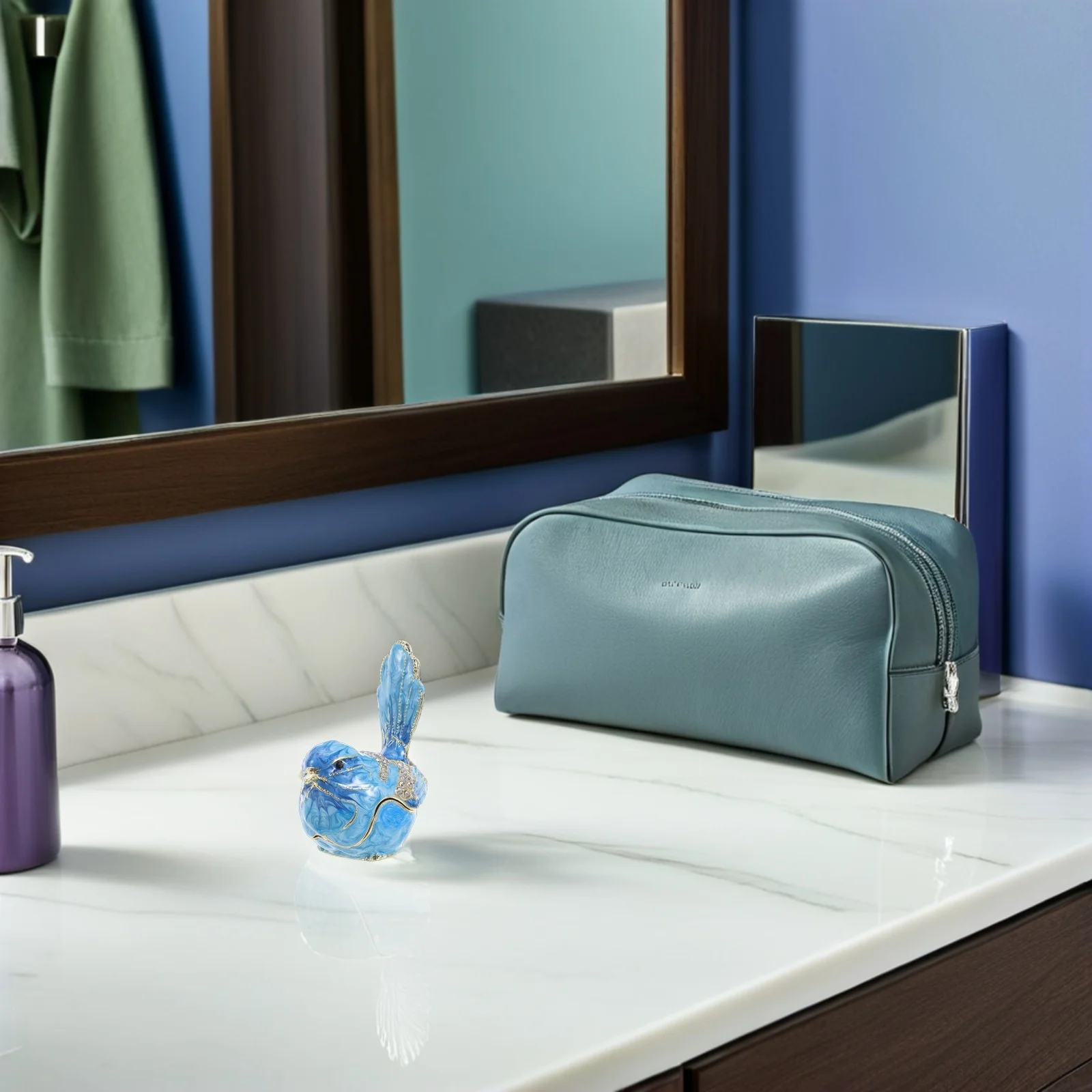 صندوق مجوهرات على شكل طائر من المينا المعدني مع لهجات من حجر الراين لتخزين حلقات الأقراط مناسبة للسفر للنساء