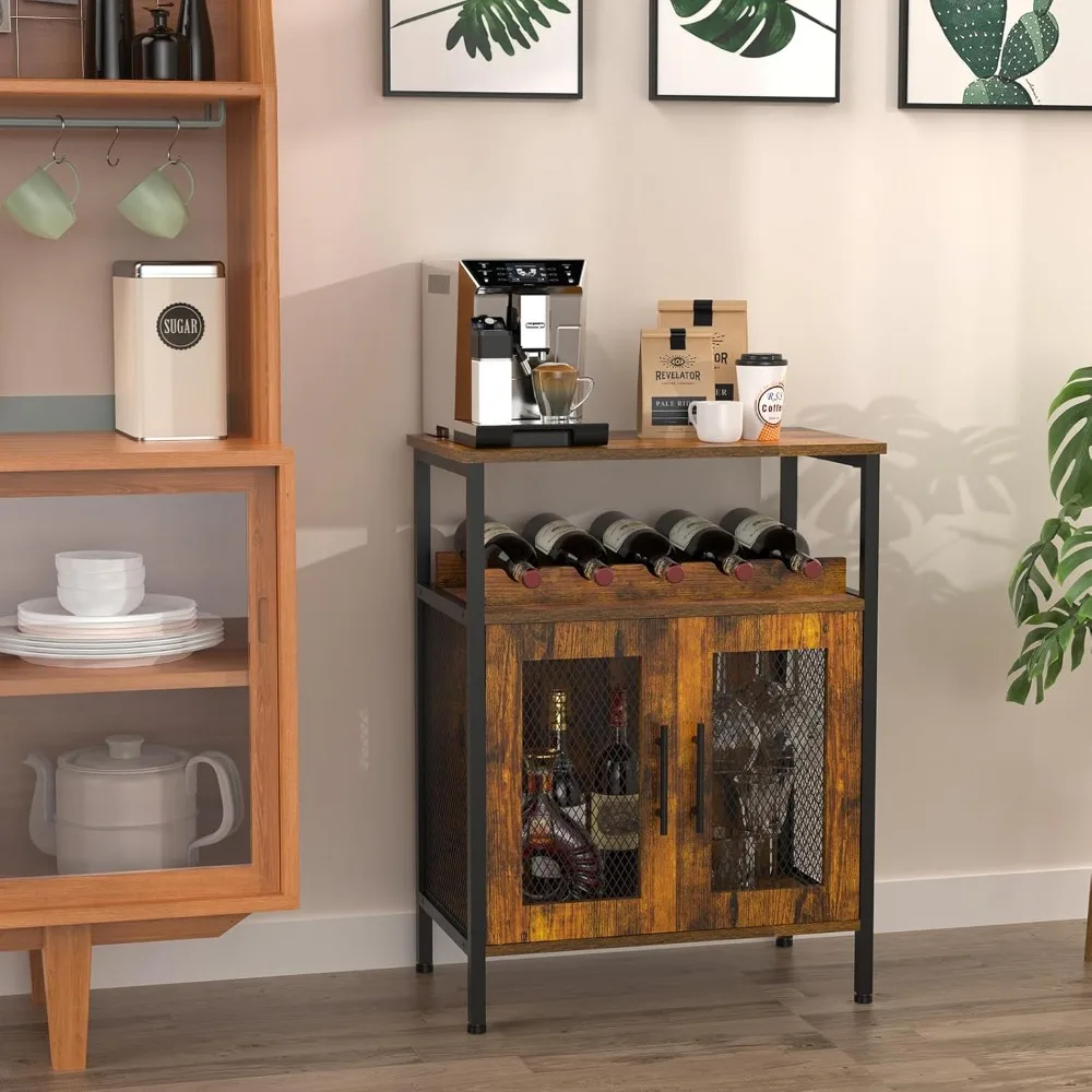 Wine Bar Rack Cabinet with Detachable Wine Rack, Coffee Barwith Glass Holder, Small Sideboard and Buffet Cabinet with Mesh
