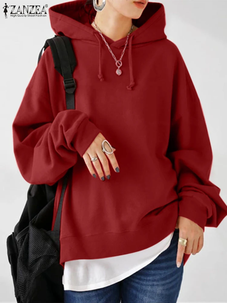 ZANZEA Stylish Women Sweatshirts 2024 Autumn New Hoodies Oversize Hooded Pullover Tops Loose Solid Sweater Jumper Streetwear