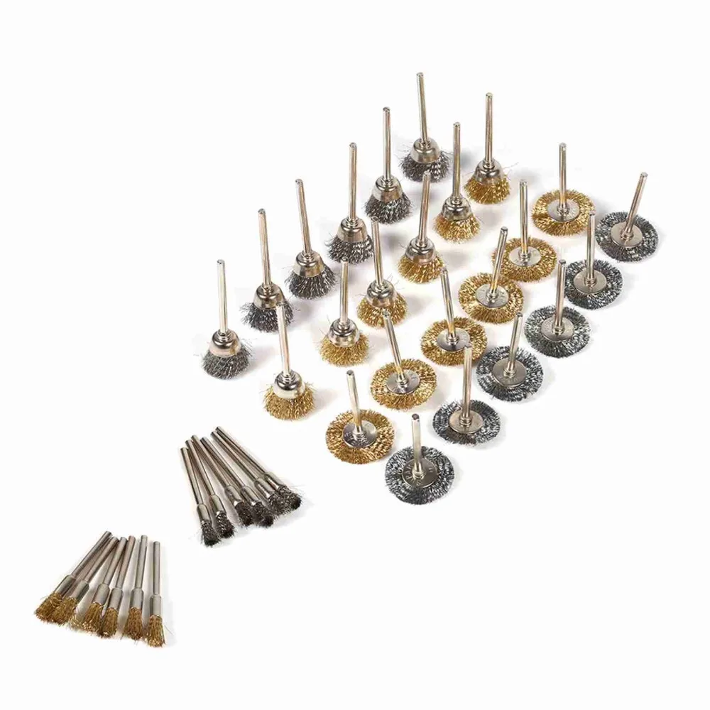 36-delige draadborstelset van messing en roestvrij staal ​   Pen Cup Wielvormige Ontbramen Polijstschijfset ​ ​ Roterend gereedschap Houtslijpen