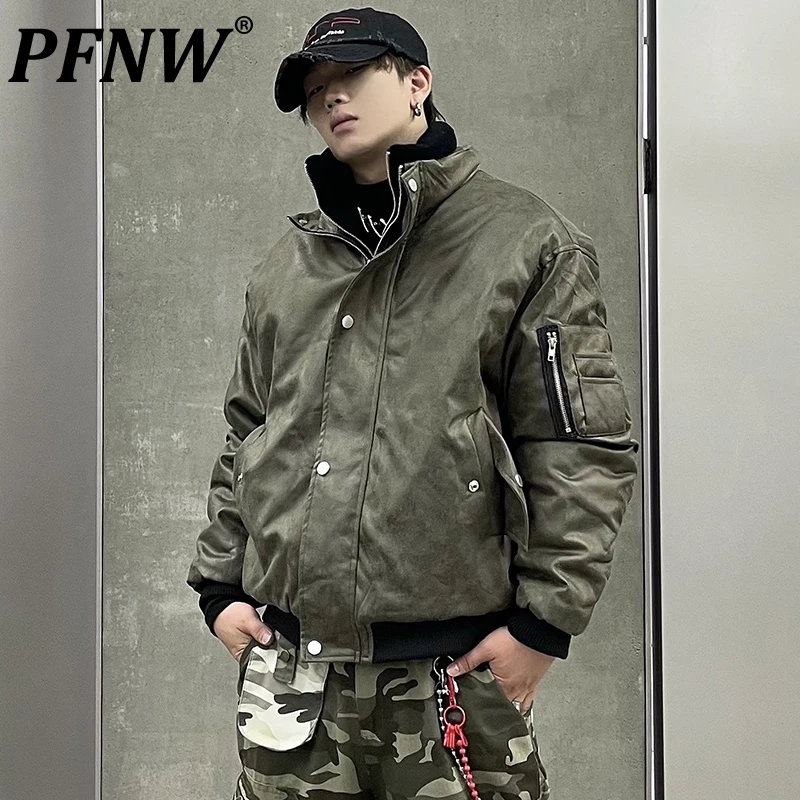 PFNW Niche Vintage Fake Two-piece Design Loose Suede Patchwork Leather Winter Jacket Casual Men's Cotton-padded Coat 12C1596