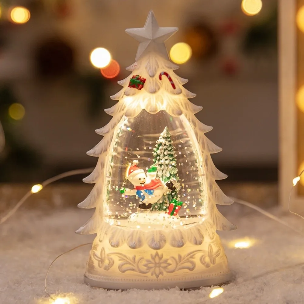 Christmas Tree Shape Christmas Snow Globe Lighted Desktop Ornament Lighted Water Lantern Handicrafts Floating Snowflakes
